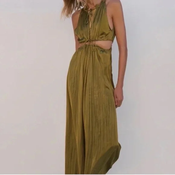 Zara Olive Green Satin Maxi Dress with Cutout - Picture 2 of 9